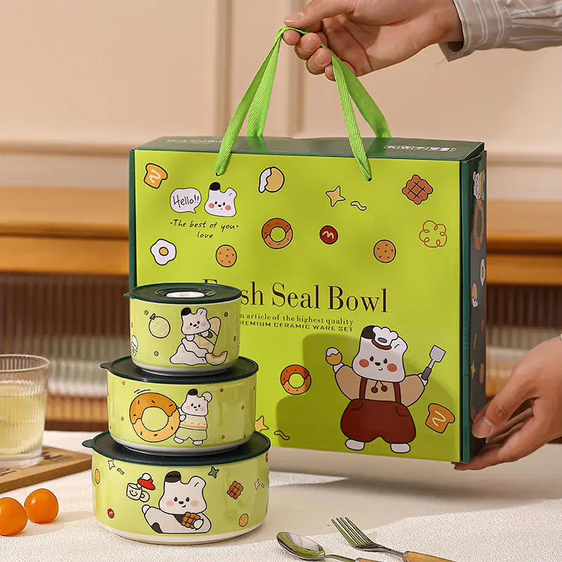 [New Product Launch]  Personalized Custom Ceramic Cartoon Rice Bowl Set with Lid – Microwave & Freezer Safe, Gift Box Packaging | Ideal Promotional & Business Gifts | OEM/ODM Factory Wholesale Supply