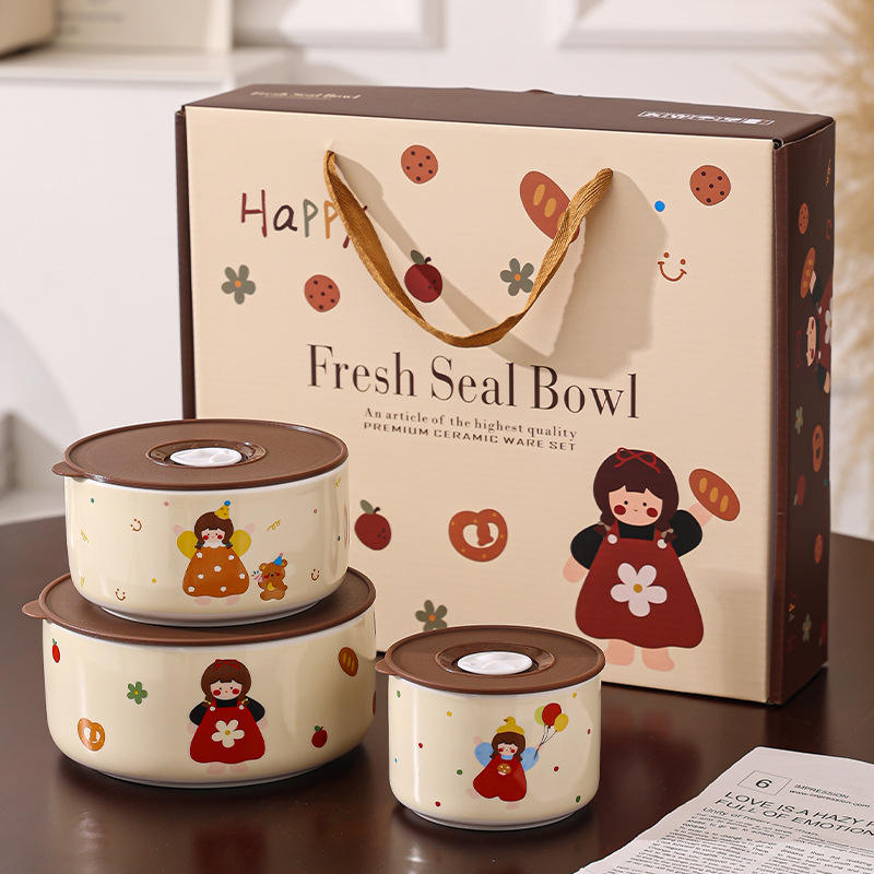 Cartoon Ceramic Rice Bowl Set with Lid