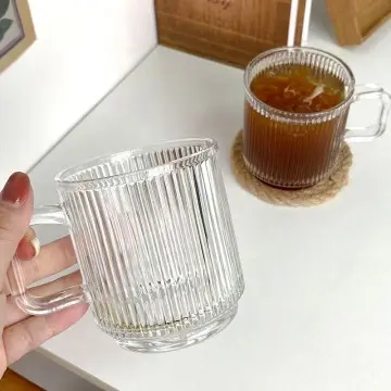 Wholesale 11oz Glass Coffee Mugs with Handles Transparent Vertical Stripe Tea Cups for Hot & Cold Drinks