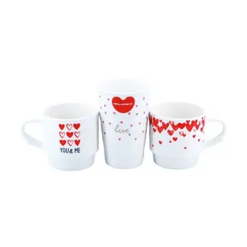 Romantic Valentine Red Heart Ceramic Stackable Coffee & Tea Mugs  LOVE YOU Couple Set of 3 with Custom Logo & Gift Box